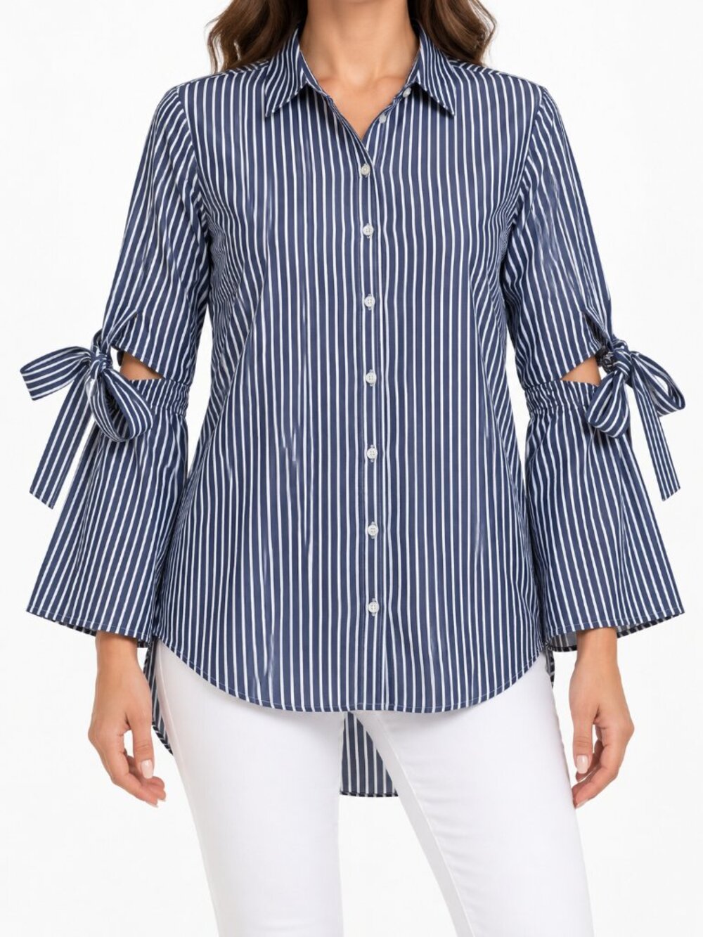 Star Style Blue White Striped Tie Sleeve Button Down Blouse Size L NWT